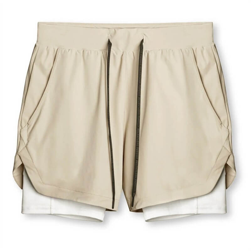 Men's double-layer beige running shorts with pockets and drawstring, SF1105, breathable polyester, ideal for sports and training.